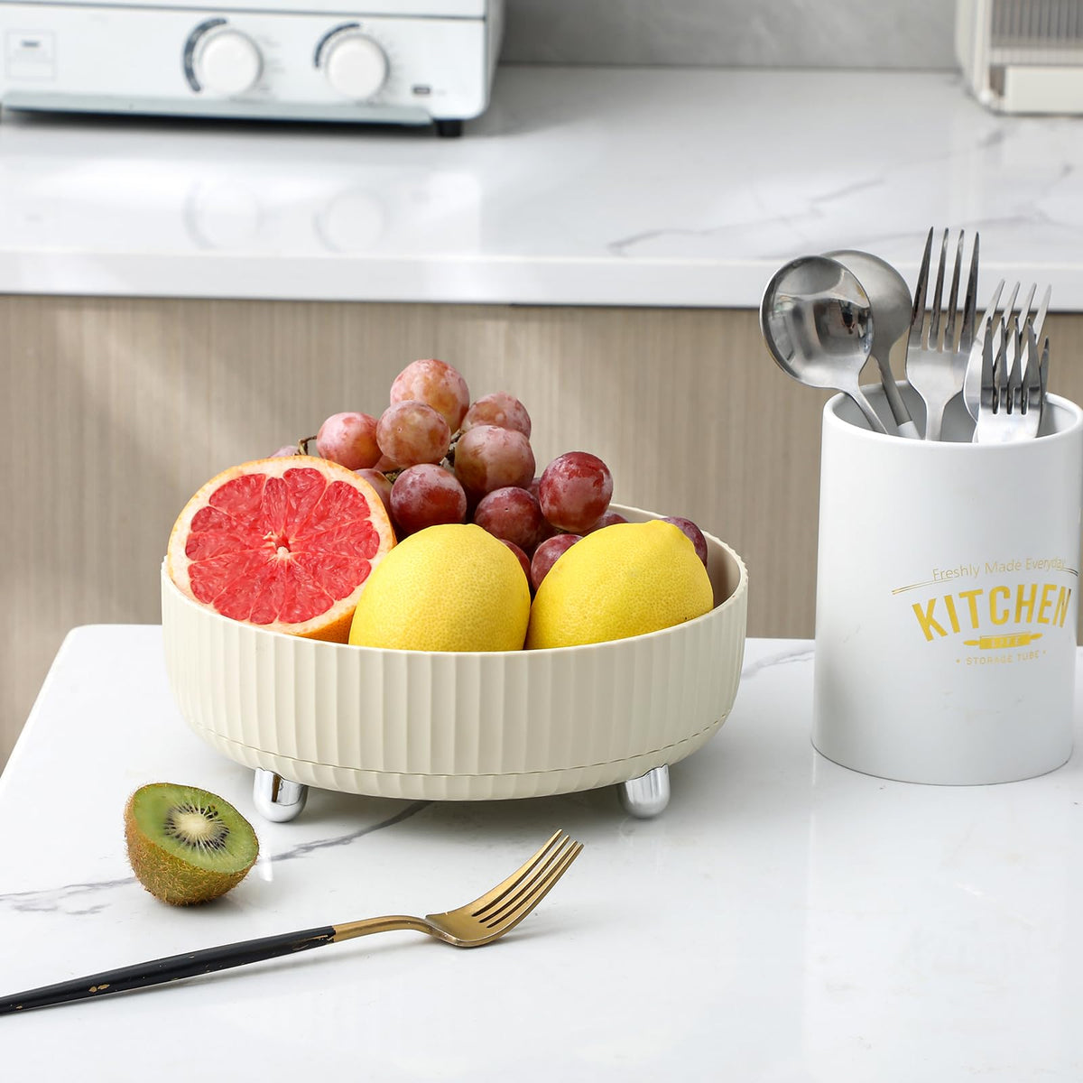 Anyoifax beige lychee-texture display stand blends with decor while showcasing beauty essentials