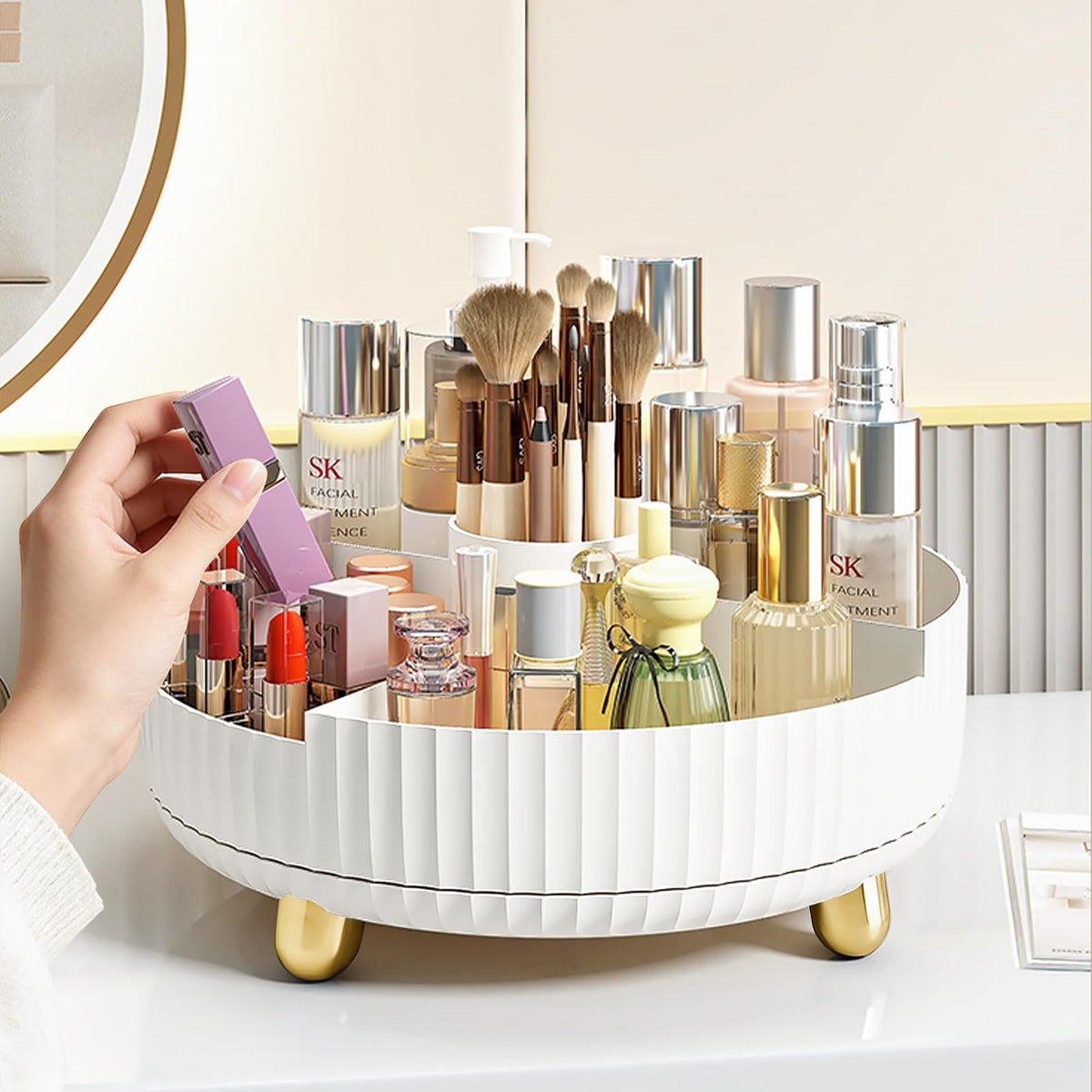 Anyoifax 360-degree rotating perfume tray on vanity simplifies morning routine.
