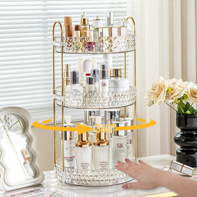 Anyoifax vanity 3-tier spinning shelf keeps beauty items organized and reachable.
