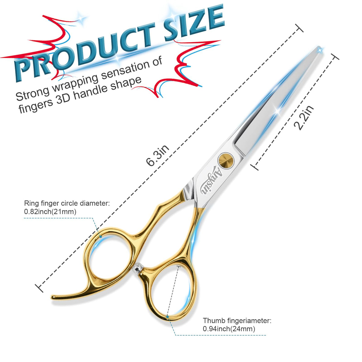 ANYSIN professional hair cutting scissors ergonomic offset handle reduces wrist strain during long cuts.