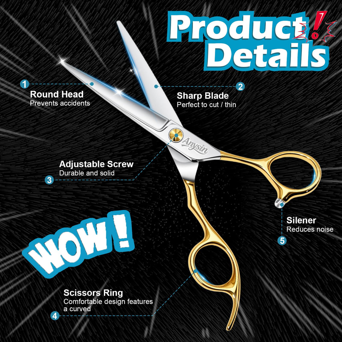 ANYSIN professional hair cutting scissors zero vibration design enables silent, smooth cuts.