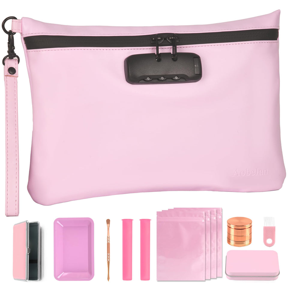 Aobelan PU Travel Smell Proof Pouch front view in pink, ideal for secure storage on the go.