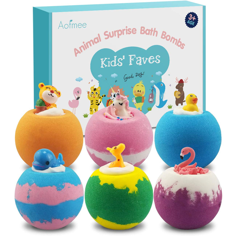 Aofmee bath bomb with an animal surprise toy inside, engaging kids at bath time.