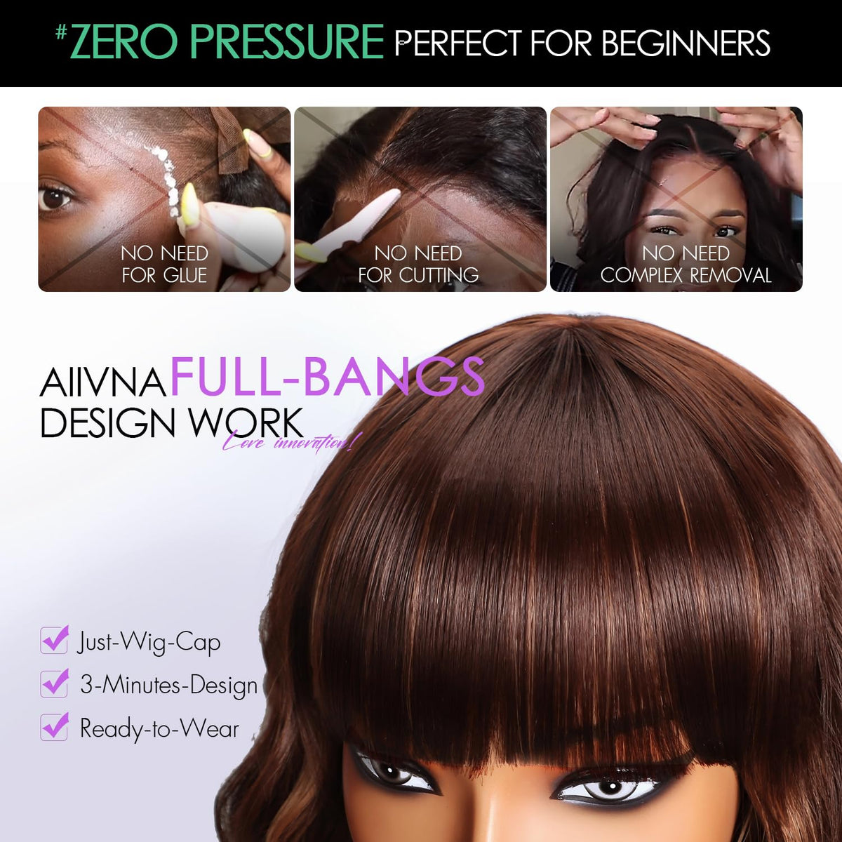 Aokiya Bob Wavy Wig color highlight closeup showcases reddish caramel brown highlights.