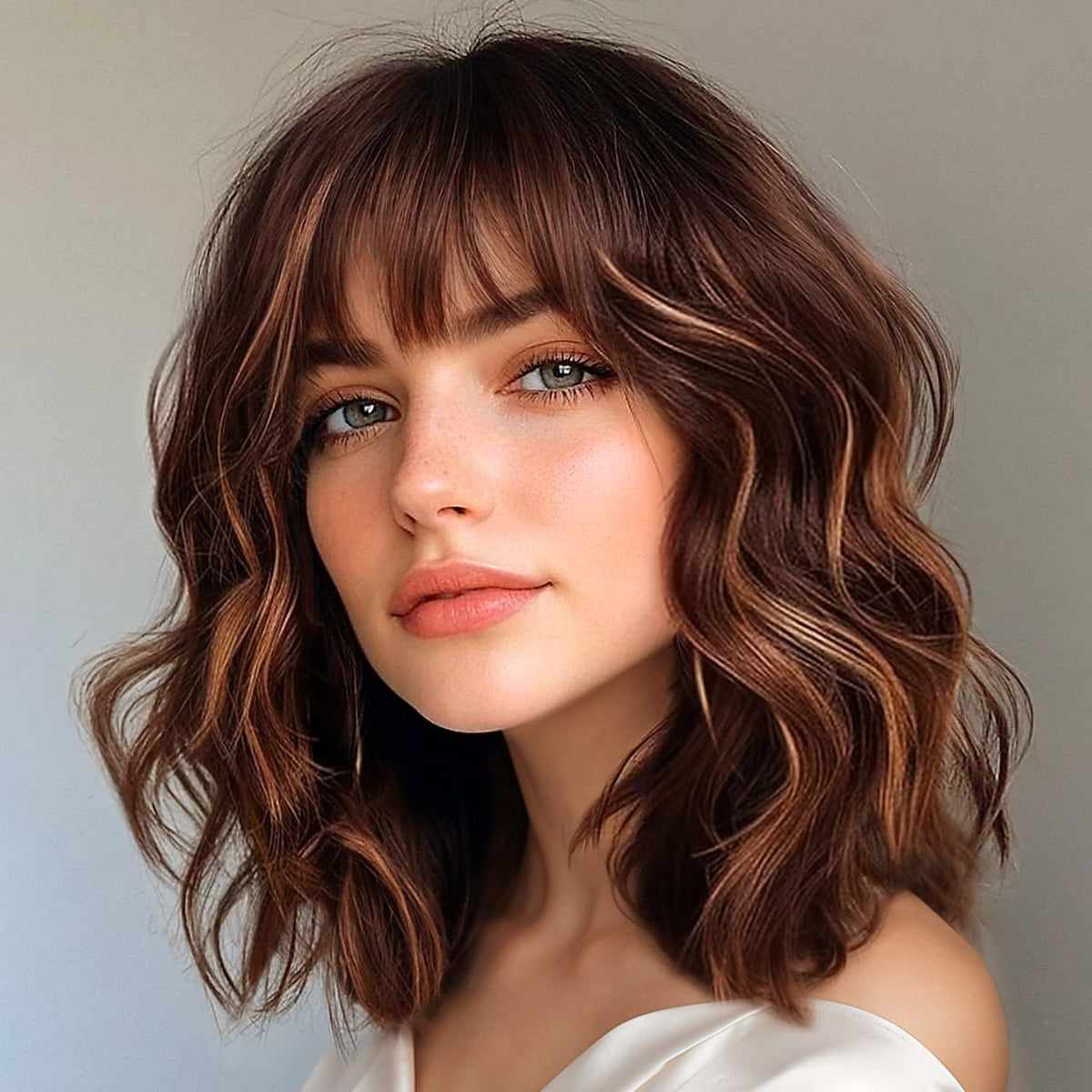 Aokiya Bob Wavy Wig front view reveals natural shoulder-length curls for easy daily styling.