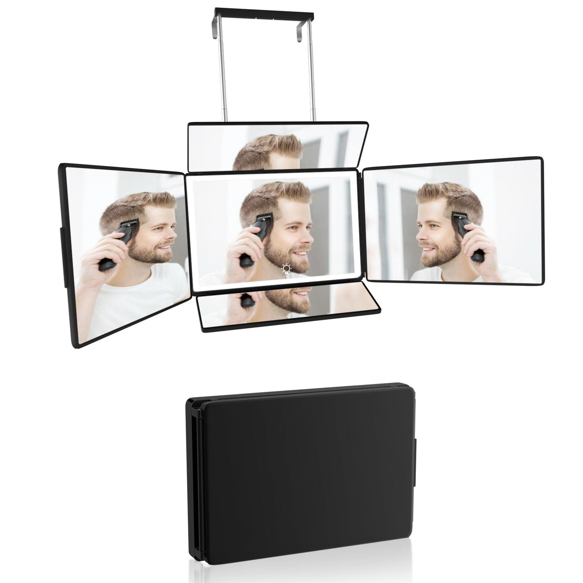 Aokoka 5‑way mirror with light extended for full-head visibility during styling.