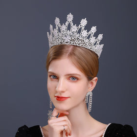Aoligrace silver tall wedding tiara back view showcasing height and crown silhouette.