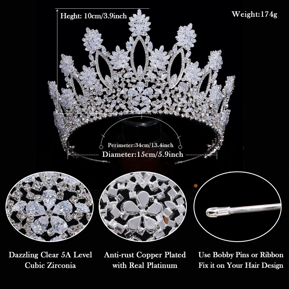 Aoligrace silver tall wedding tiara close-up of cubic zirconia stones with brilliant sparkle.