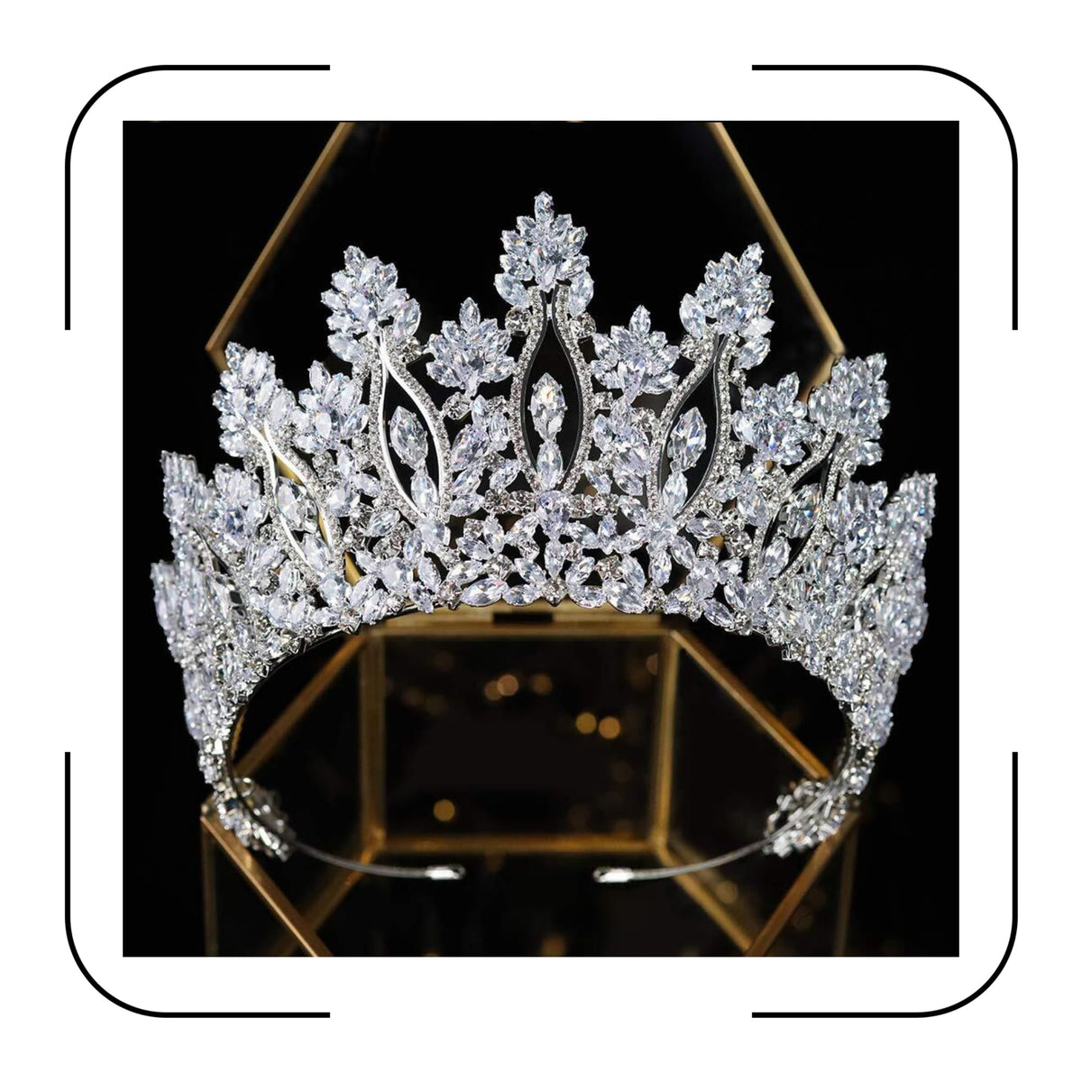 Aoligrace silver tall wedding tiara front view showing radiant cubic zirconia sparkle for bridal look.