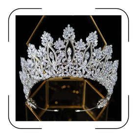 Aoligrace silver tall wedding tiara front view showing radiant cubic zirconia sparkle for bridal look.