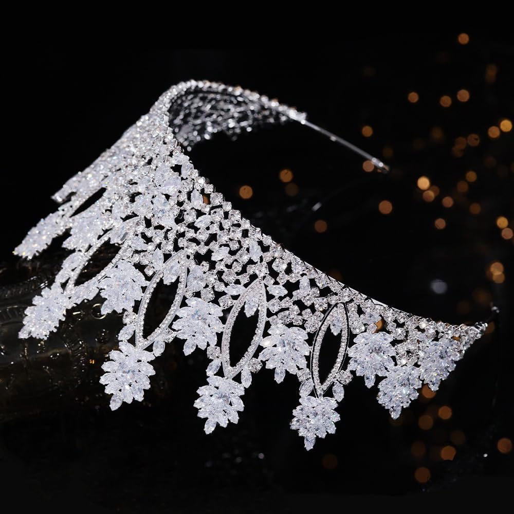 Aoligrace silver tall wedding tiara worn on model for wedding day styling.