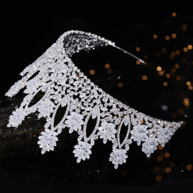 Aoligrace silver tall wedding tiara worn on model for wedding day styling.