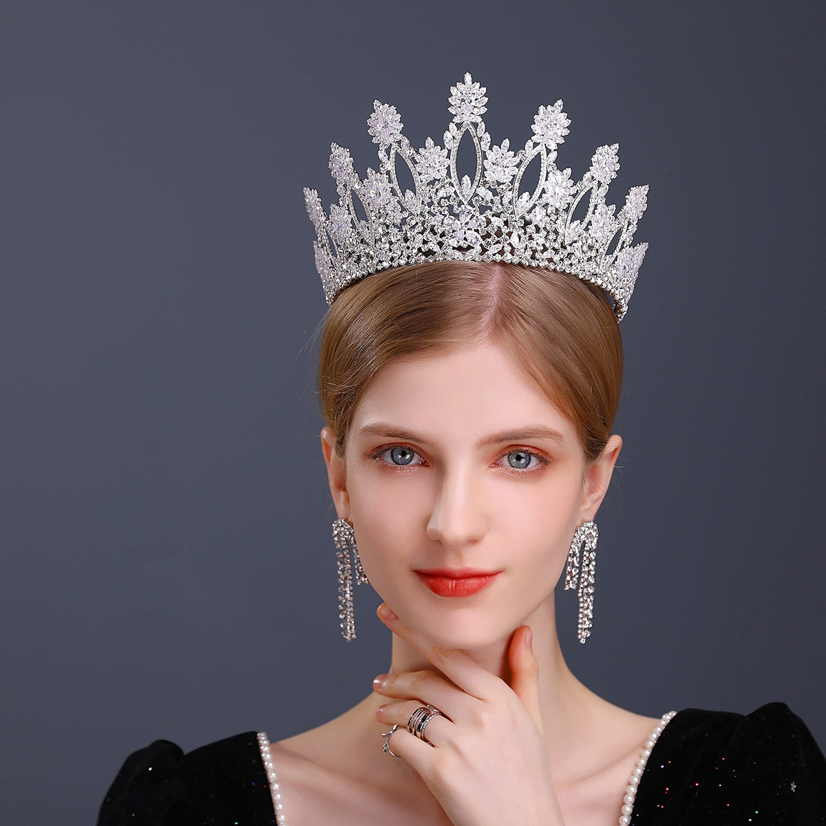 Aoligrace silver tall wedding tiara side view highlighting elegant profile and secure fit.