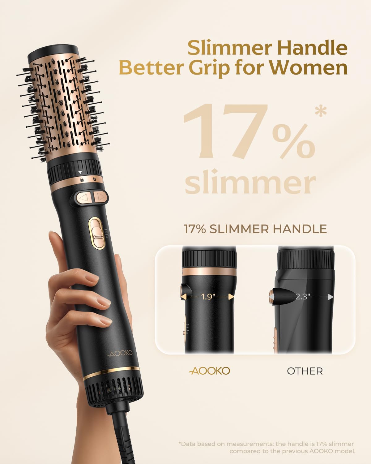 AOOKO rotating brush 1.5-inch in-use for sleek straight styles.
