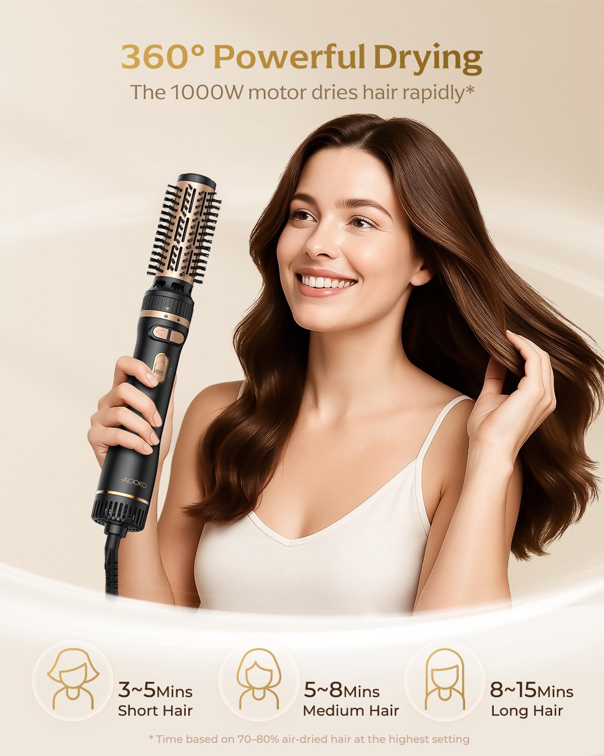 AOOKO rotating brush 2-inch in-use for voluminous waves and body.