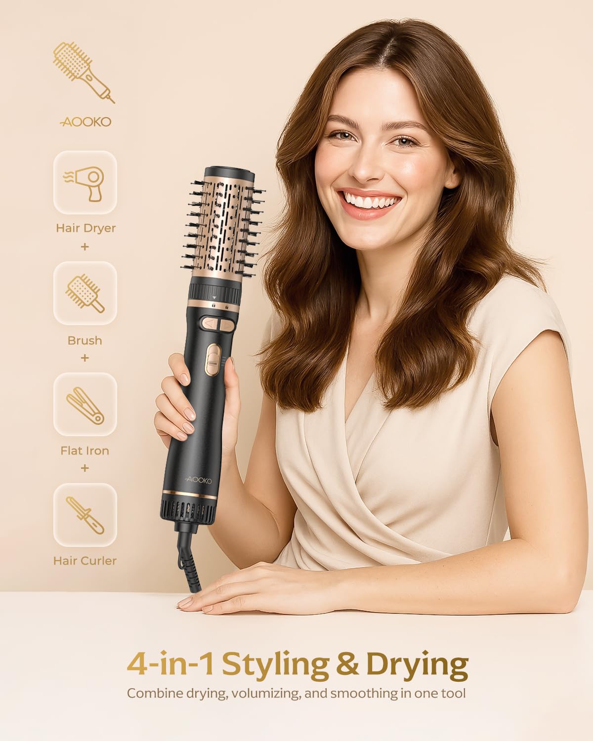 AOOKO rotating hair-dryer brush 1.5-inch head for sleek curls and controlled styling.