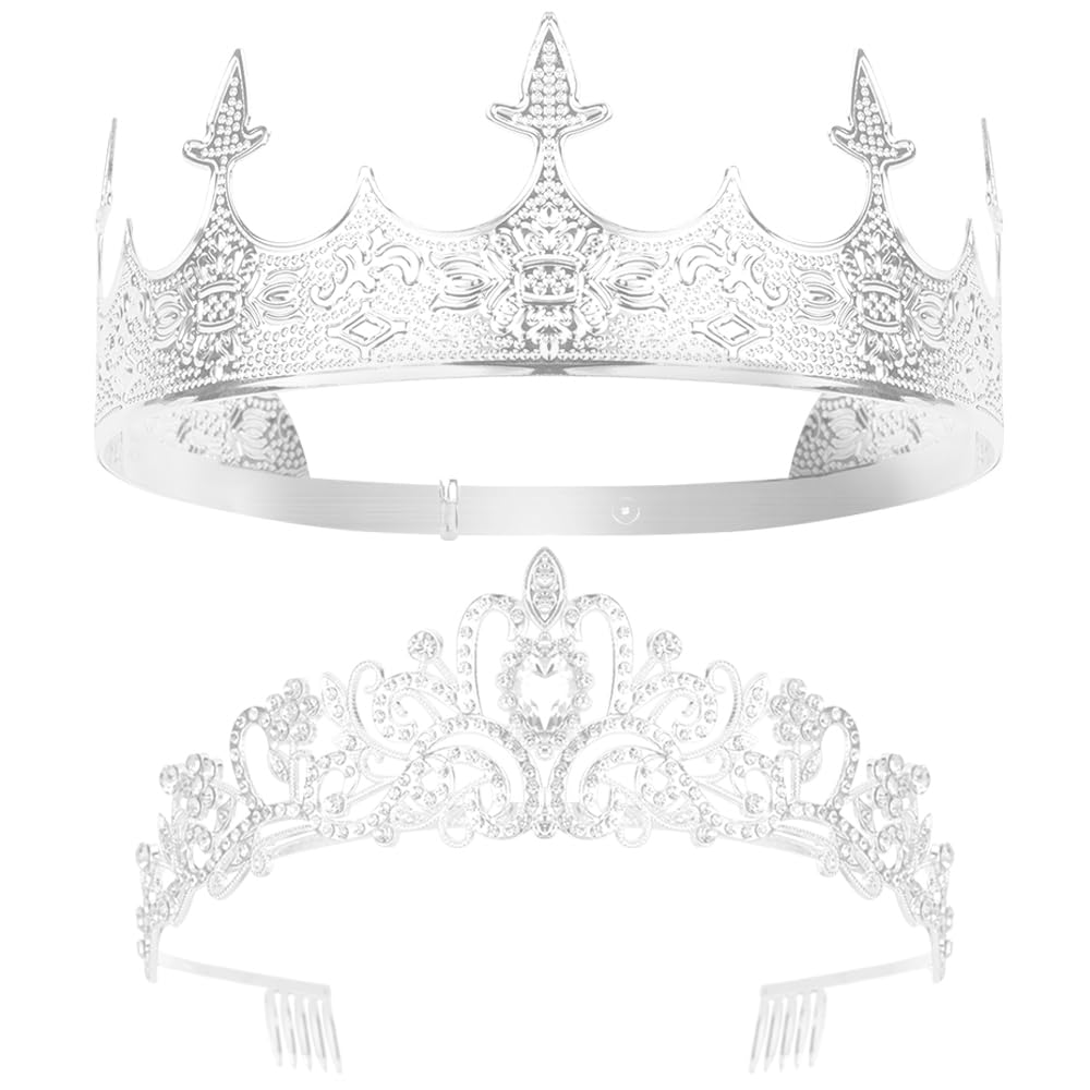 AOPRIE king queen tiara set in silver and white for weddings and cosplay.
