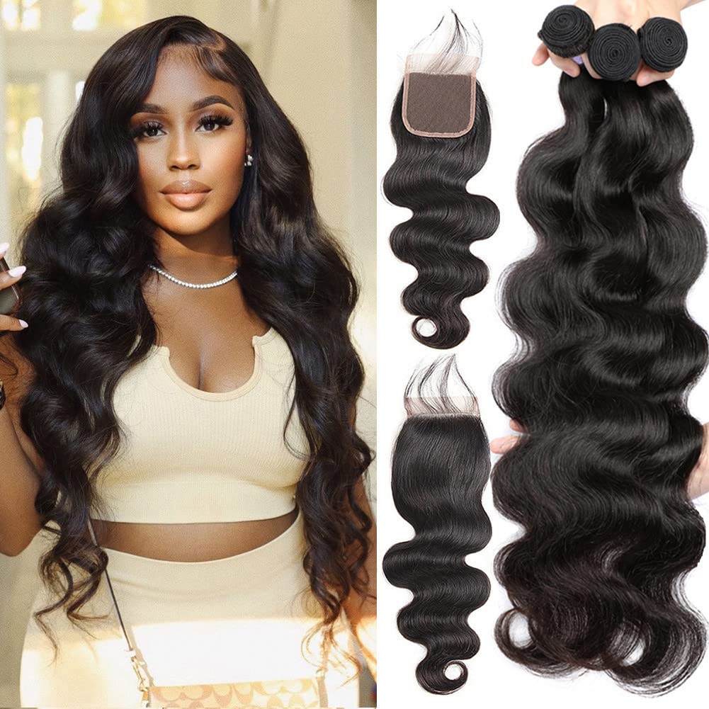 Aopusi human hair bundles with closure in body wave for versatile styling