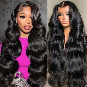 Aoque 30-inch body wave lace-front wig showing natural blend and length