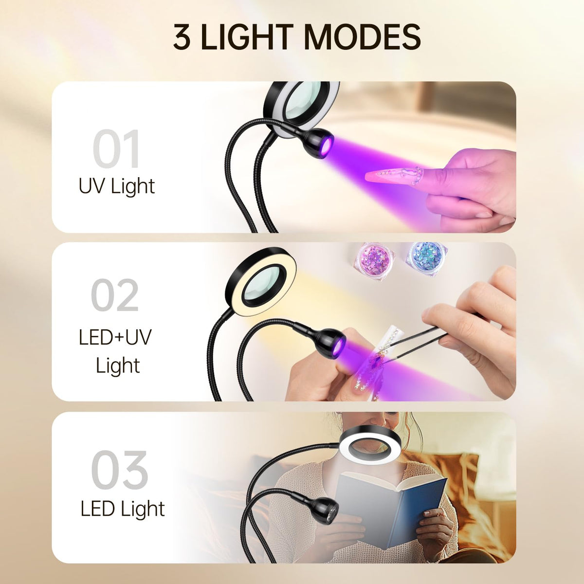 AORAEM lamp emits purple UV light for gel polish curing.