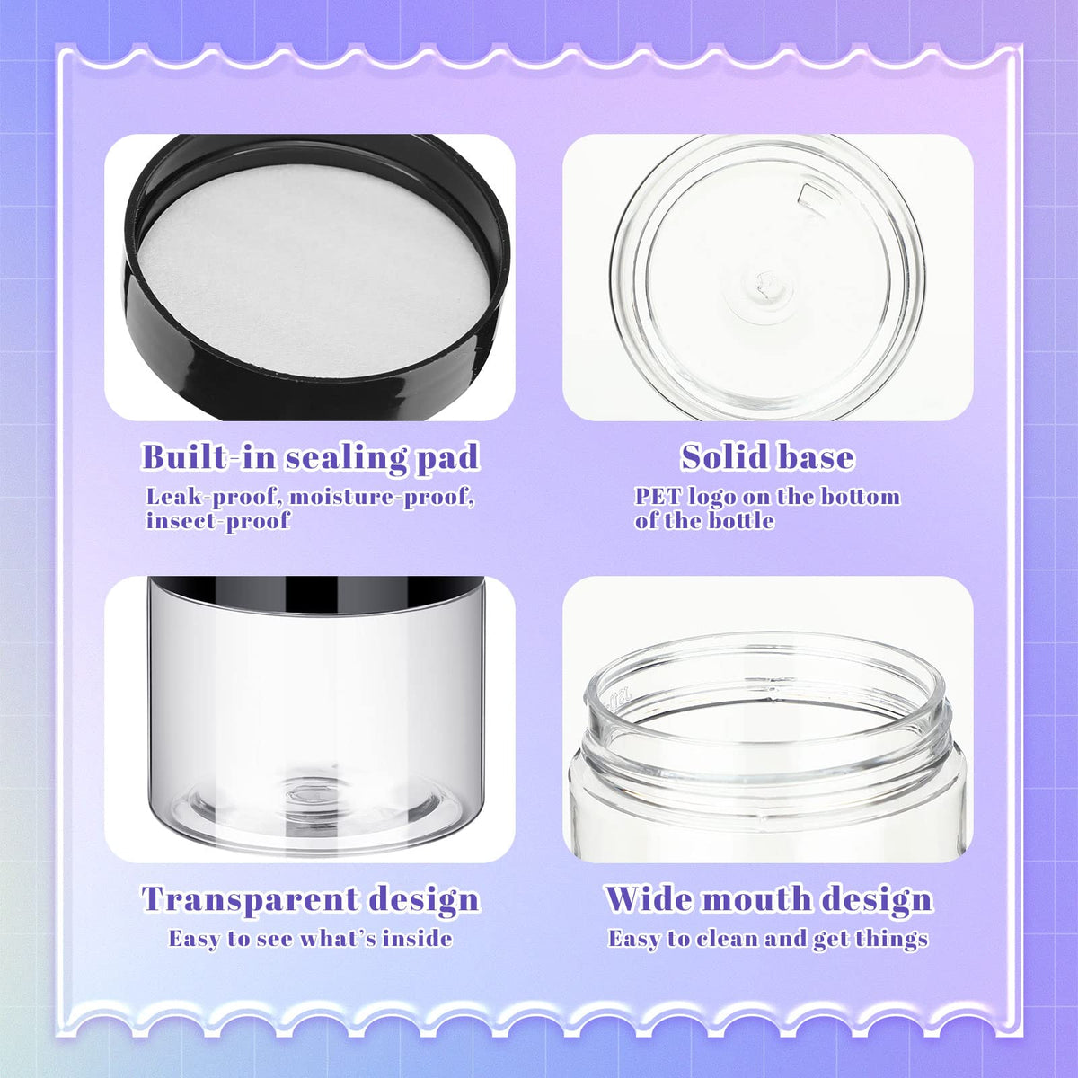 Aoriher black screw-cap jars with liner prevent leaks during travel.