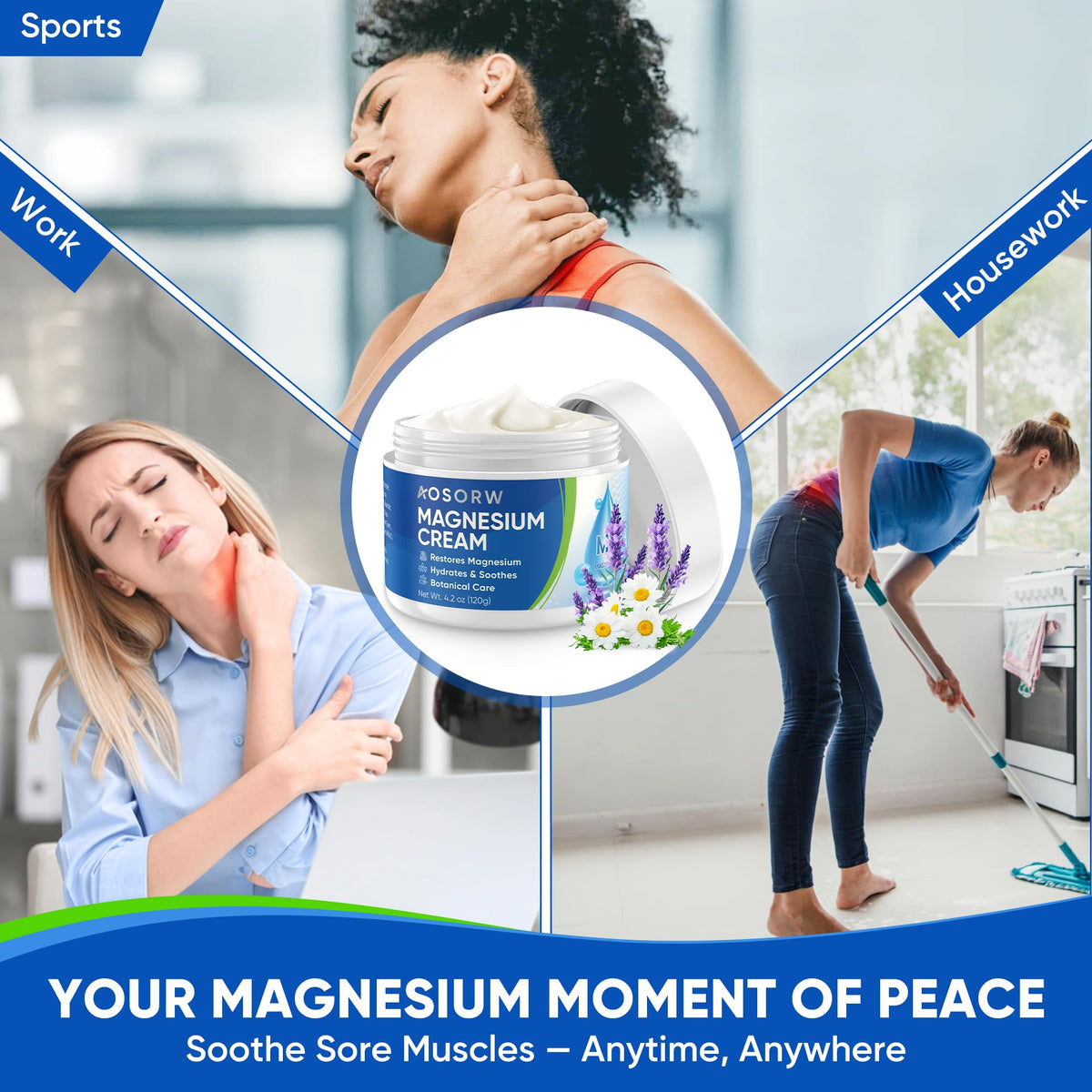AOSORW Magnesium Cream applied to hands for soothing fatigue and joint comfort.