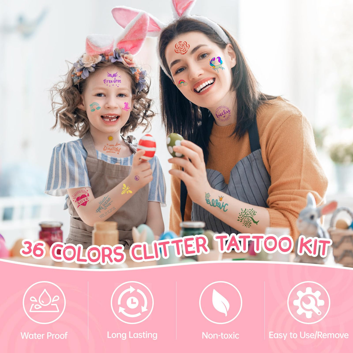 Aottom five-brush set enables even glitter application.