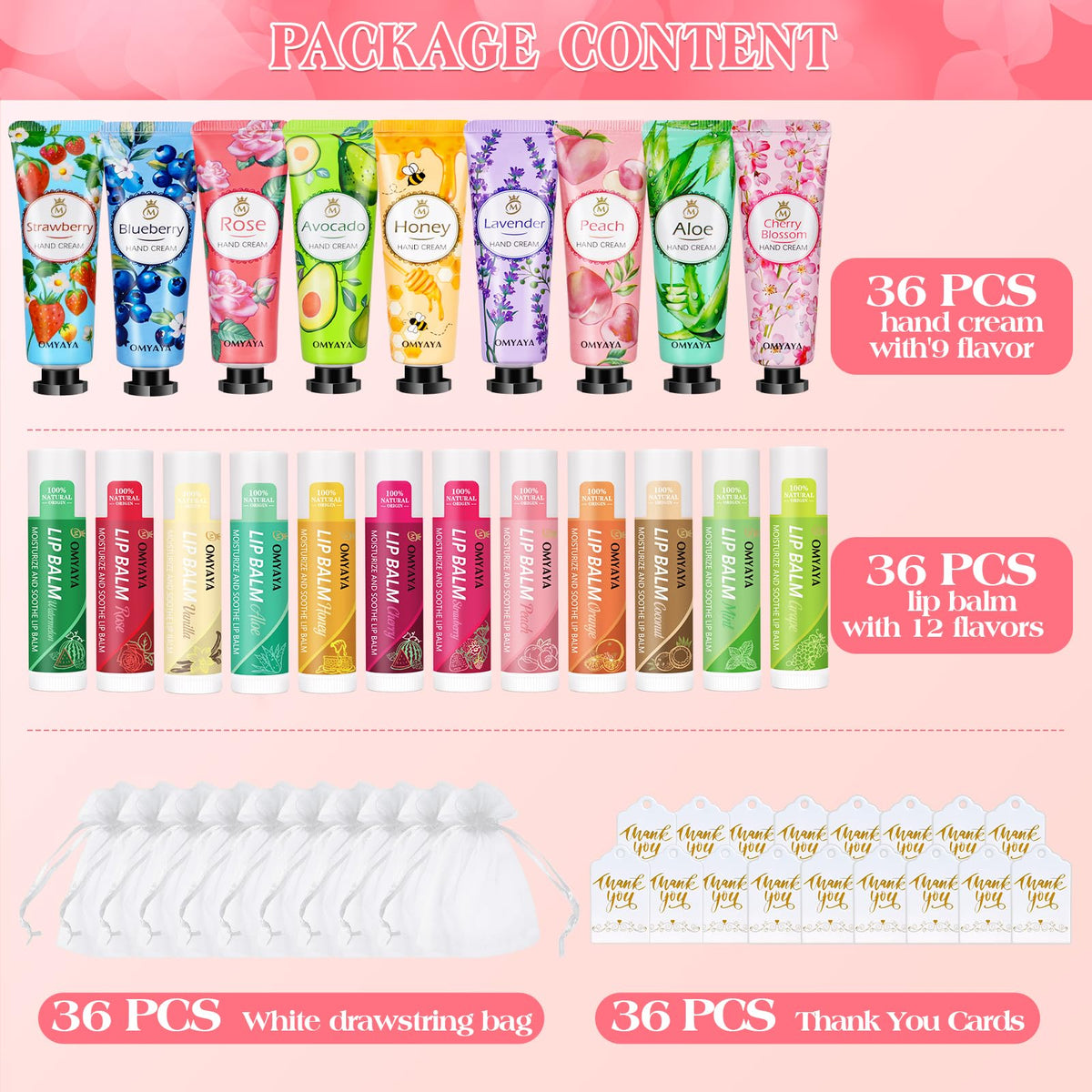Aottom hand cream and lip balm bulk set with organza bags for elegant favors.