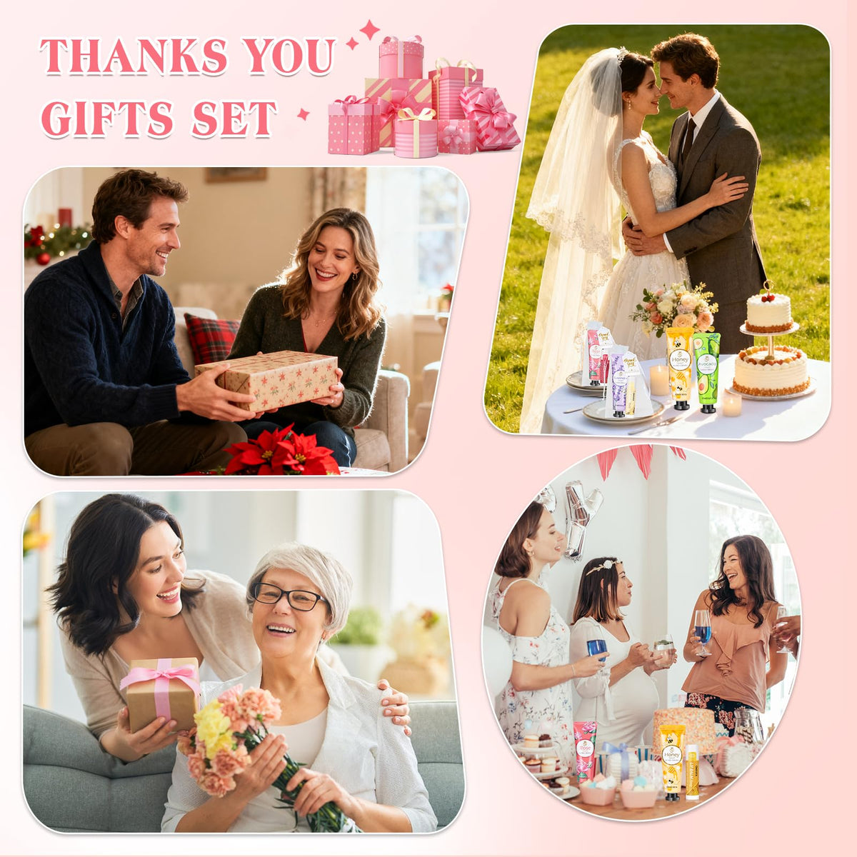Aottom packaging with organza bags and note cards for easy gifting.
