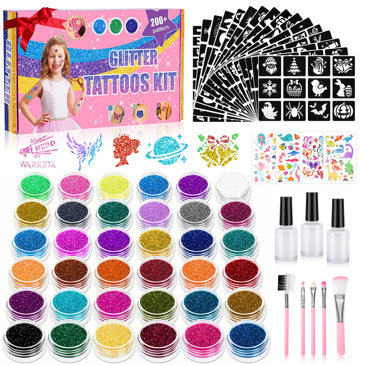 Aottom temporary glitter tattoo kit with 220 templates for versatile party fun.
