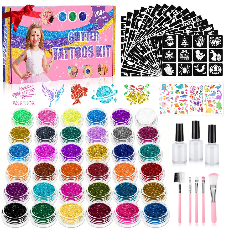 Aottom temporary glitter tattoo kit with 220 templates for versatile party fun.