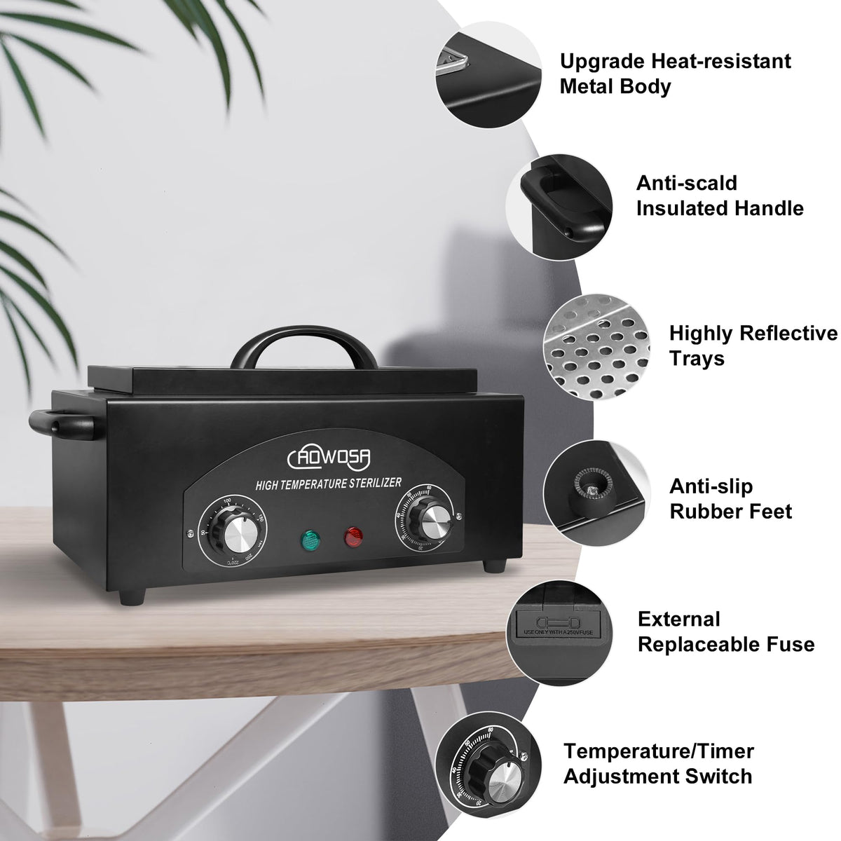 AOWOSA control panel highlights 50-220°C and timer settings for flexible cleaning.