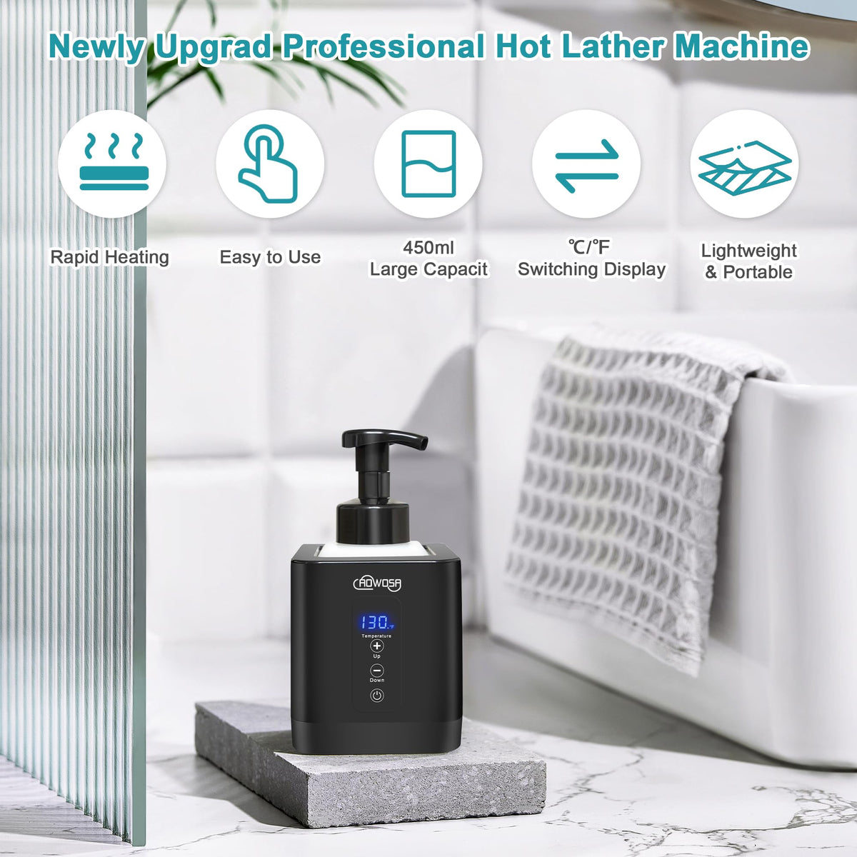 AOWOSA digital temperature display highlights precise foam warming during shaving