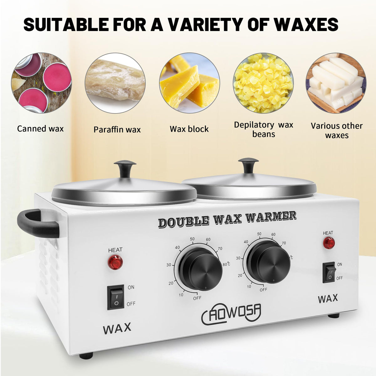 AOWOSA dual wax warmer left pot heating independently for customized consistency.