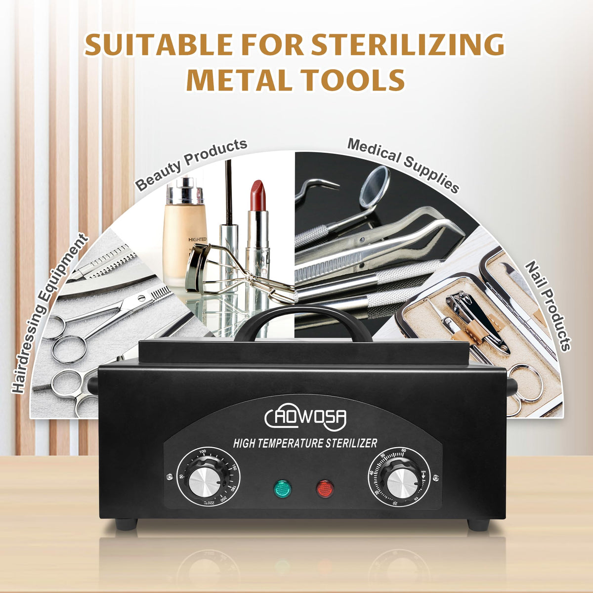 AOWOSA interior view showing plastic sterilization tray for quick tool cleaning.