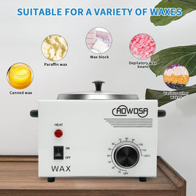 AOWOSA wax warmer with inner pot highlights easy wax loading and cleanup.