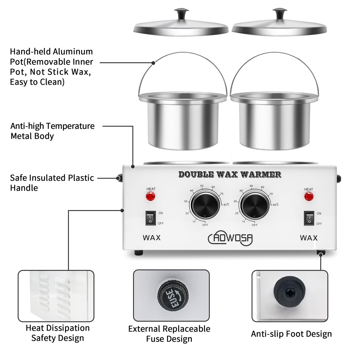 AOWOSA wax warmer temperature control supports 0-80 C for flexible waxing.