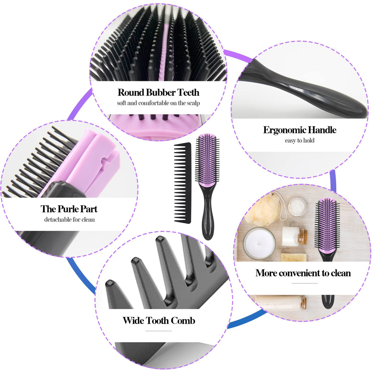 Aozzy detangling brush gliding through knots with soft bristles.
