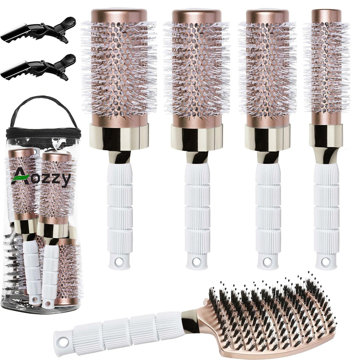 Aozzy round brush set with ceramic-barrel delivers smooth curls and frizz control.