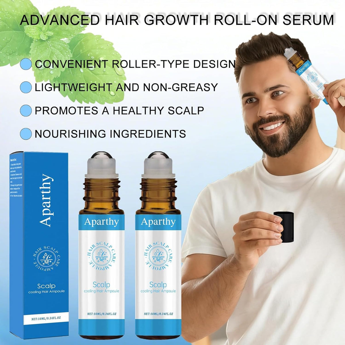 Aparthy rollerball applicator delivering controlled, mess-free scalp application.