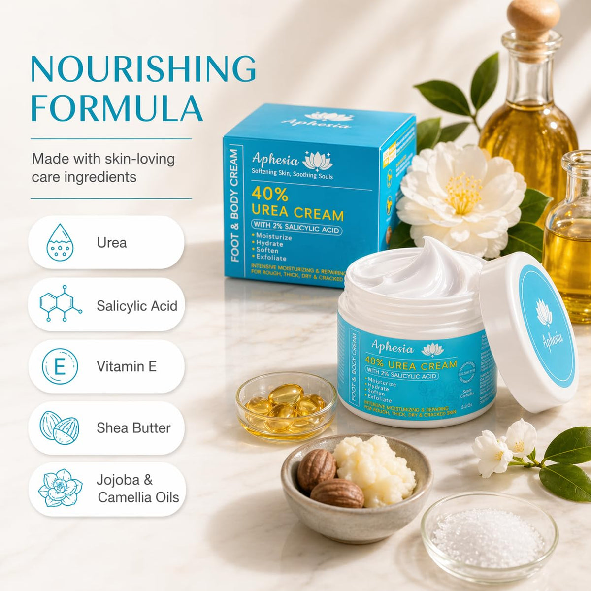 Aphesia Urea Cream 40% for hands, elbows, knees softening rough patches.