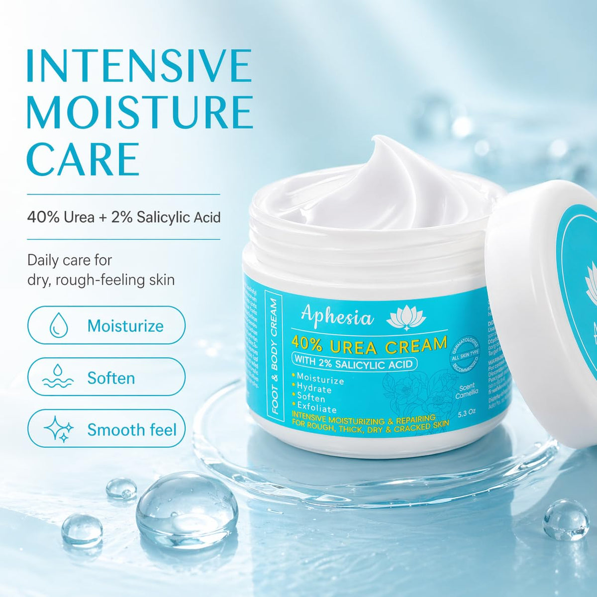 Aphesia Urea Cream 40% on smooth heels after showering for soft skin.