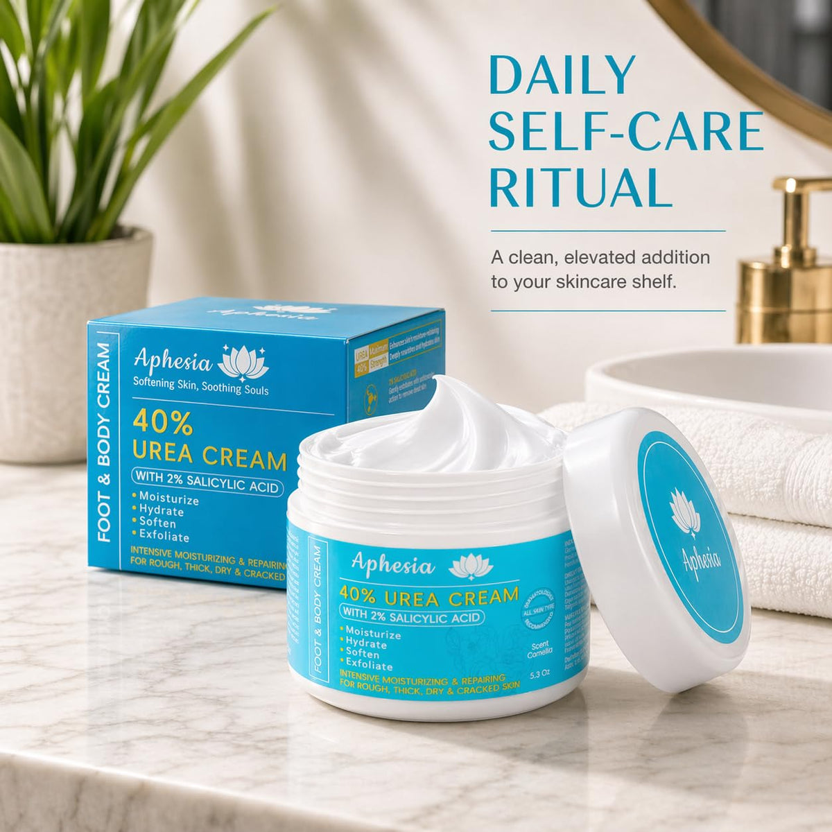 Aphesia Urea Cream 40% enriched with vitamin E for skin repair.