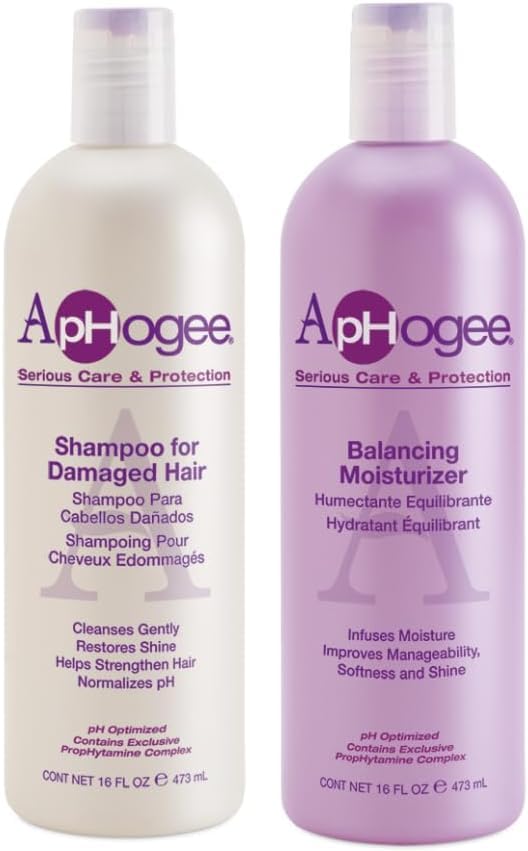 Aphogee shampoo bottle for damaged hair provides color-safe cleansing with protein-rich restoration.