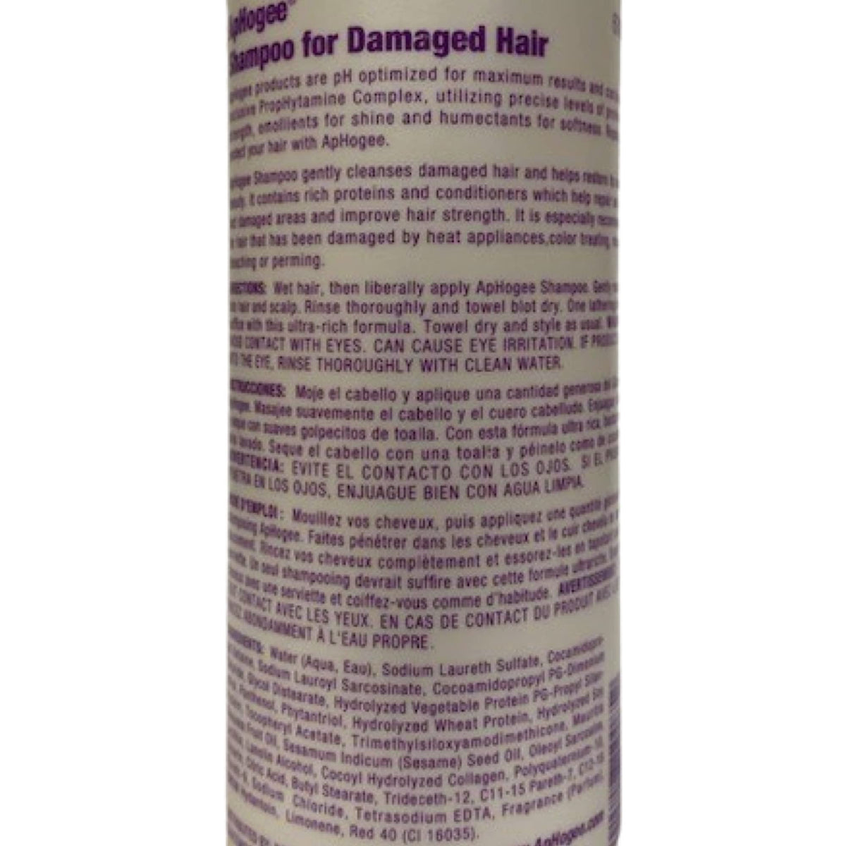 Aphogee Shampoo Damaged Hair label closeup highlighting key ingredients