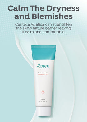 A'PIEU Madecassoside Tetrasome Cream swatch highlighting smooth texture for sensitive skin.