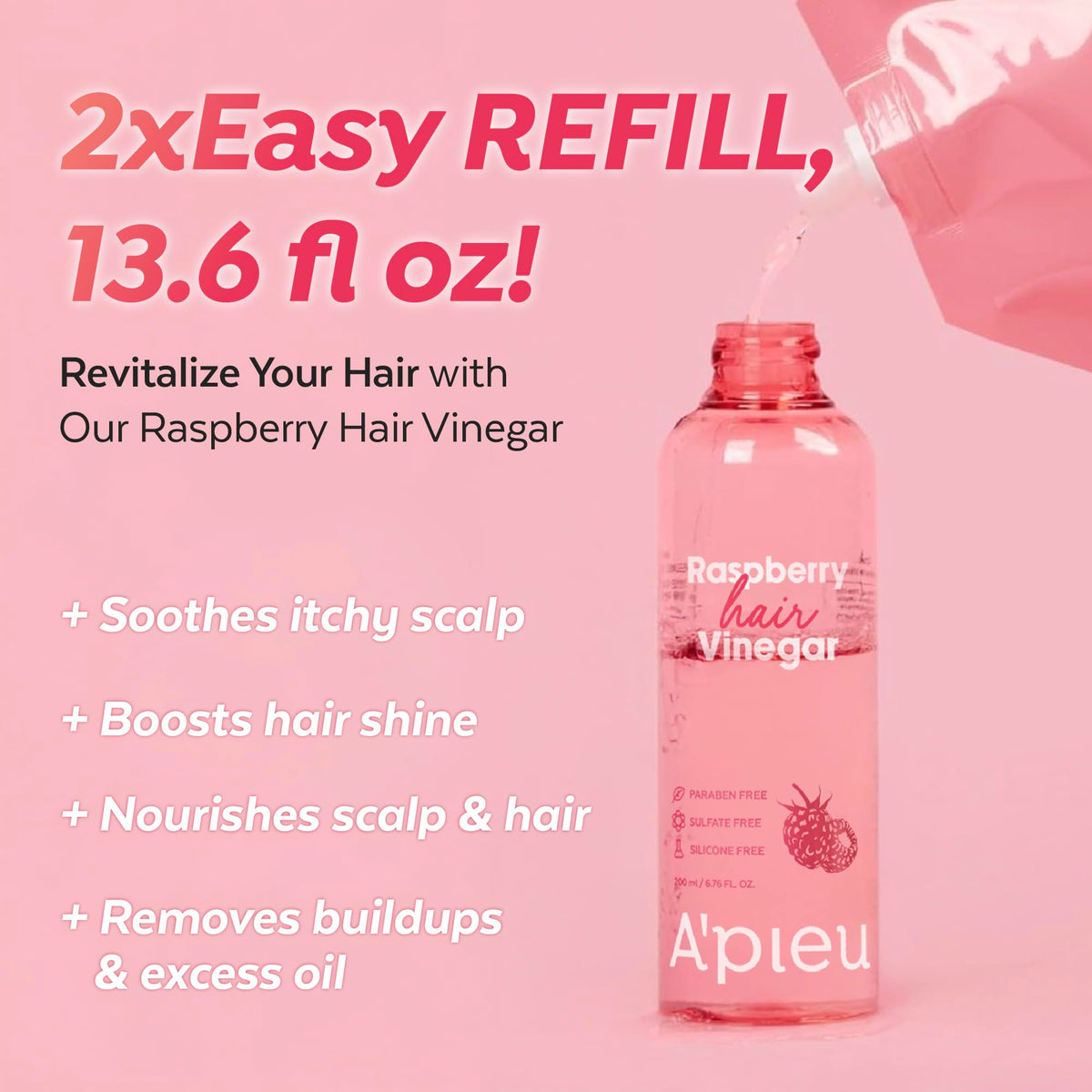 A'PIEU hair rinse after-use shine visible in close-up.