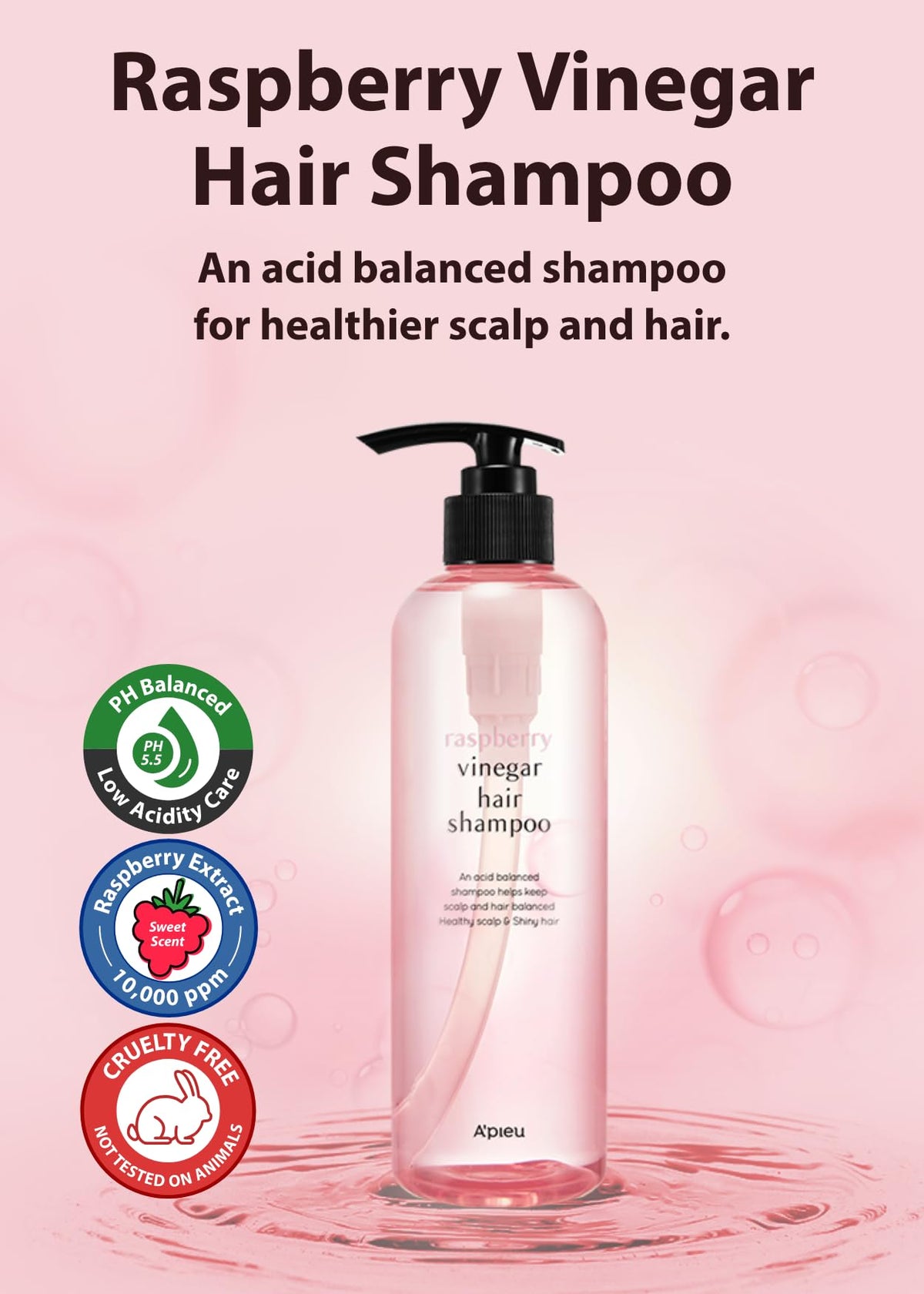 Close-up of A’PIEU Raspberry Vinegar Shampoo label emphasizing raspberry extract for scalp refresh.