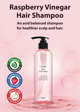 Close-up of A’PIEU Raspberry Vinegar Shampoo label emphasizing raspberry extract for scalp refresh.