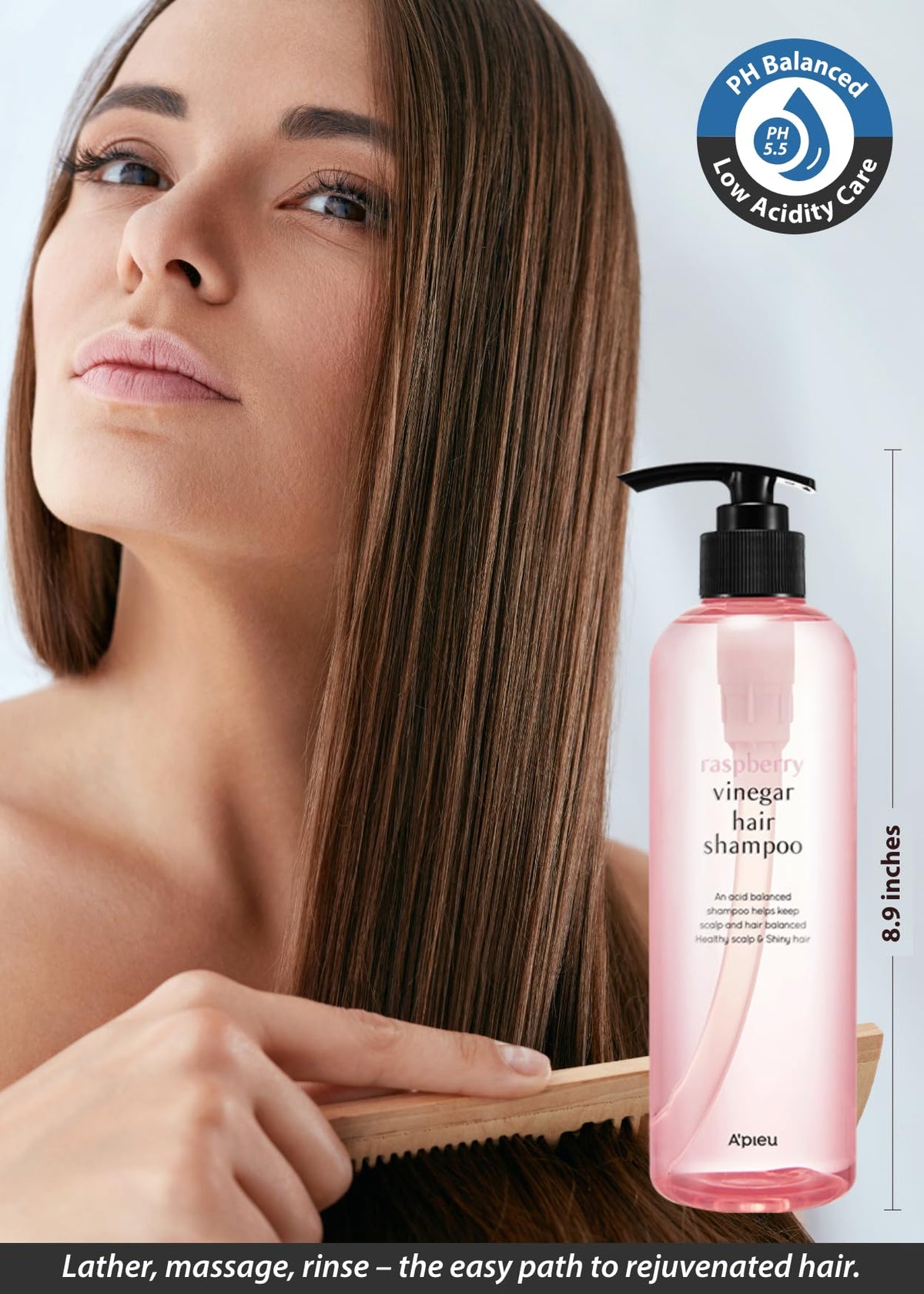 Packaging shot of A’PIEU Raspberry Vinegar Shampoo highlighting Korean beauty heritage.